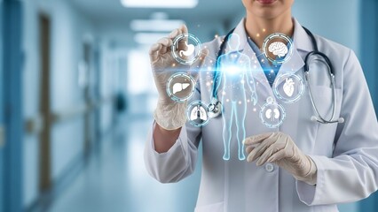 Medical professional wearing gloves interacts with an advanced digital human anatomy display showing multiple vital organs