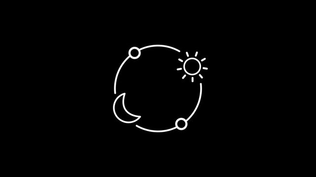 Animated diurnal cycle white line icon. Day and night changing animation. Sun and moon rotating demonstrating biological cycle. Isolated element on black background. Alpha transparent video. 4k video