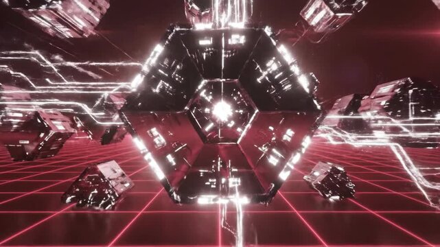 Abstract digital geometric explosion with light and grid