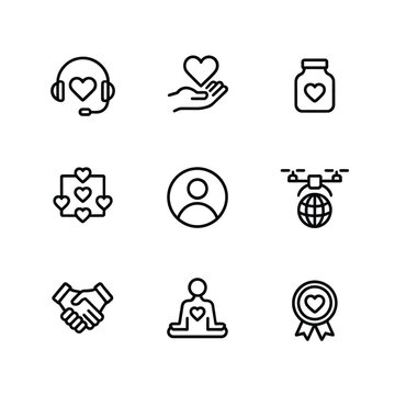 Collection of various line icons depicting support love and connection