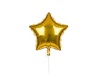 Single golden star balloon floating solo isolated on transparent background