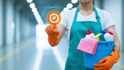 Person in cleaning uniform and orange gloves holds a bucket of supplies and touches a glowing quality control icon.