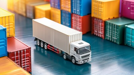 Welllit truck skillfully drives past colorful shipping containers on reflective surface