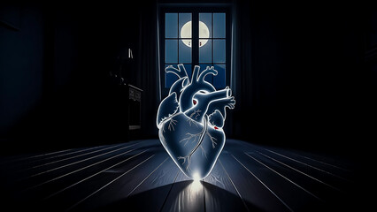 A glowing 3D rendering of a human heart in a dark room with a window showing a full moon isolated on a transparent background