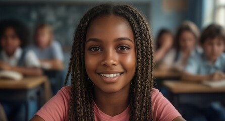 smiling african american schoolgirl in classroom with blurred classmates learning in background