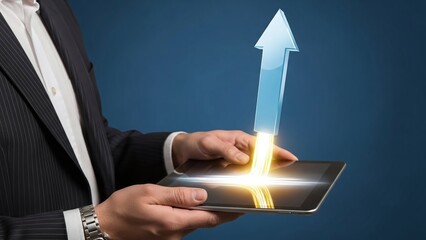 Person's hand holds a digital tablet from which a bright, glowing blue arrow dramatically shoots upwards, symbolizing growth.