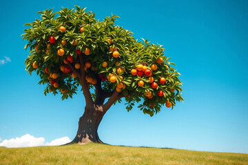 Orange tree. A big tree with huge oranges. One tree on the hill