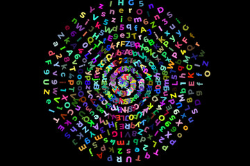 colorful spiral typography text pattern on black background