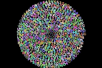 colorful spiral text letters on black background