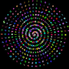 helix composed of randomly colored characters perfect as an idea for learning difficulties or education and ABCs on a dark backdrop