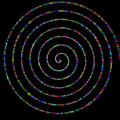 colorful spiral text pattern on dark black background