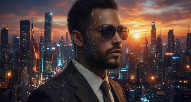 futuristic businessman with digital circuit overlay overlooking a vibrant city skyline at sunset - Powered by Adobe
