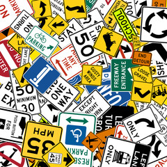 US standard road signs scattered randomly with various shapes ideal as a road education concept or for driving school
