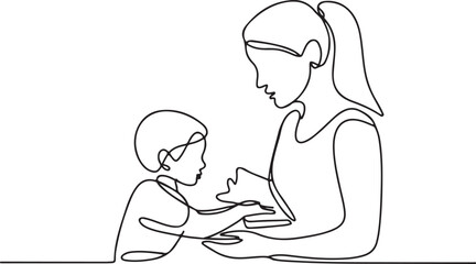 One continuous line art drawing of a loving mother and child depicting their special connection, communication, and parental love
