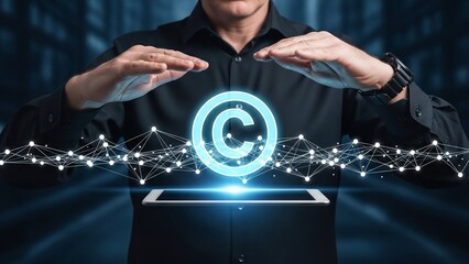 Person's hands protect a glowing copyright symbol above a tablet, representing content security.