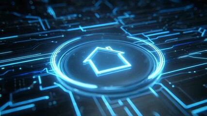 Futuristic smart home technology and automation innovation with glowing blue house icon, digital circuit board, security, and connected living in modern digital house network - Powered by Adobe