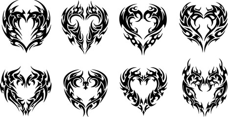 Tribal Flaming Heart Tattoo Design Set