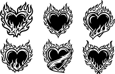Tribal Flaming Heart Tattoo Design Set