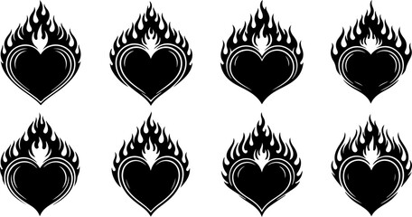 Tribal Flaming Heart Tattoo Design Set