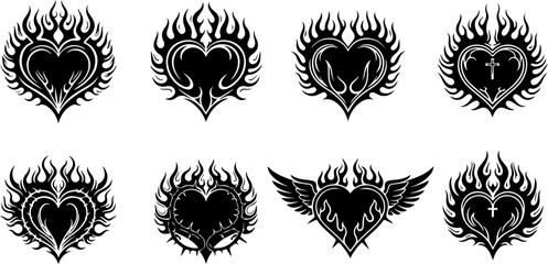 Tribal Flaming Heart Tattoo Design Set