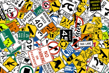 collage of various road signs on colorful background