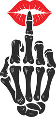 Skeleton Middle Finger with Lips Line Art Illustration.