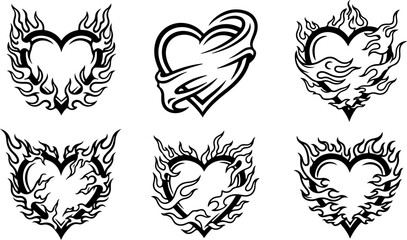 Tribal Flaming Heart Tattoo Design Set