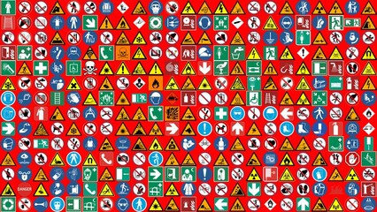 safety warning and hazard signs icons on red background