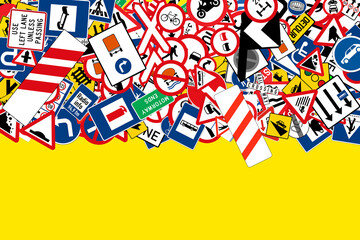 colorful traffic signs and road symbols on yellow background