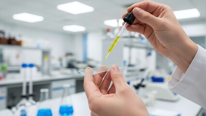 Scientist in a white lab coat is carefully dripping a yellow liquid onto a glass slide using a pipette.