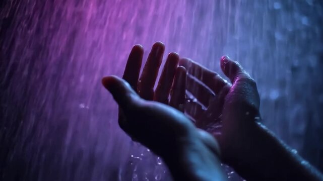 Hands catch rainwater in colorful light during a rainy evening