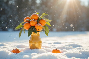 A vase filled with vibrant tangerines against a snowy backdrop on a sunny day.