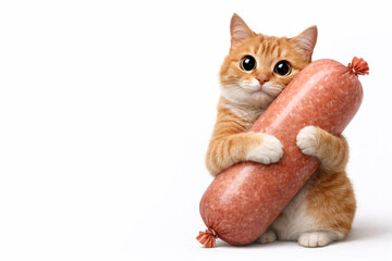 A ginger cat hugs a large sausage tightly on a white background. Space for text.