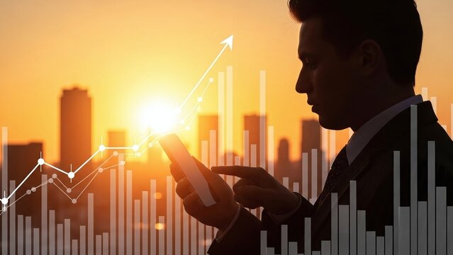 Silhouette of a businessman uses his smartphone with overlaid financial graphs indicating market growth against a city sunset. - Powered by Adobe
