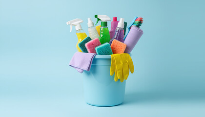 Colorful cleaning supplies in bucket on blue background for spring cleaning