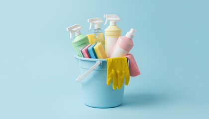 Colorful cleaning supplies in bucket on blue background for spring cleaning