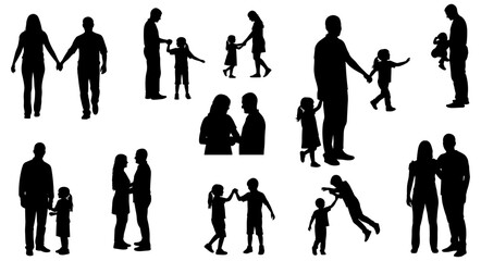 Fototapeta premium Family Interaction Silhouette Set – Black Profiles of Adults and Children Bonding, Playing, and Embracing