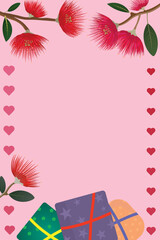 Valentine's Day card or invitation design featuring iconic New Zealand's pohutukawa tree flowers, heart frame and wrapped presents. Pastel pink background with copy space. Vector illustration. 
