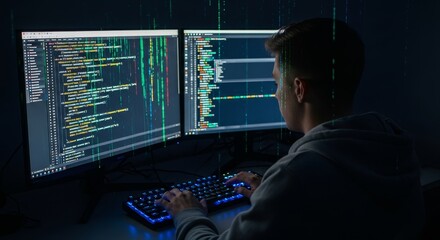 Software Developer Writing Code on Dual Monitors at Night. Represents programming, technology, IT career, and software engineering.