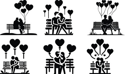 Valentine day couple sitting on bench with heart balloons bundle silhouette icon vector art illustration