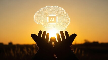 Silhouetted hands hold up a glowing circuit board brain with "ai" in the center against a vibrant sunset.