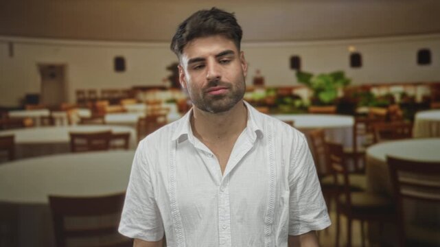 Man in white shirt tilts his head while looking inward among empty tables and chairs in restaurant; contemplation.