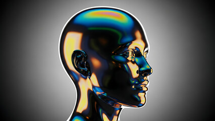 Futuristic metallic human head in profile with iridescent reflections against a gradient background.