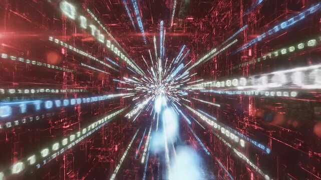 Abstract digital network tunnel with binary code and light streaks