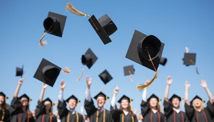 Black graduation caps thrown in blue sky for education success concept