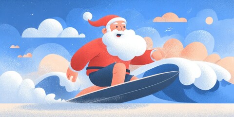 Minimal Santa Claus surfing a wave under sunny sky blends Christmas spirit with tropical holiday fun for seasonal marketing or travel promotions