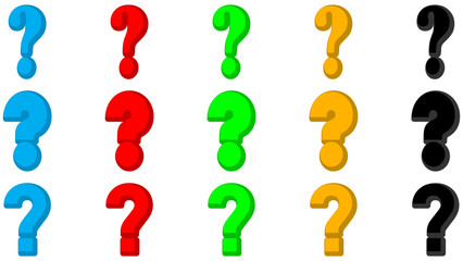 3D Colorful question marks on transparent background.