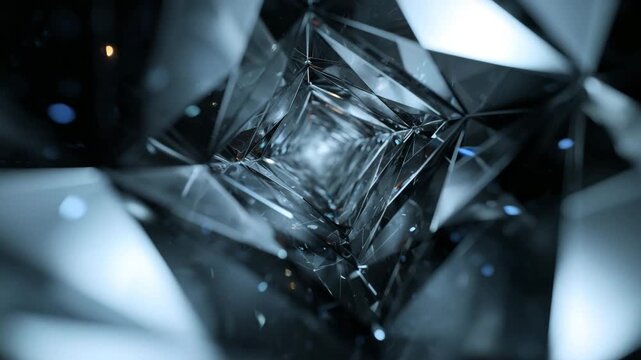 Ultra HD Abstract dark crystal tunnel with shimmering light reflections and geometric facets futuristic background with bokeh effects video