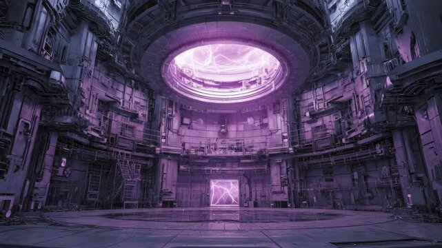 Ultra HD Futuristic scifi reactor core chamber with glowing purple energy and advanced technology in a cyberpunk industrial setting video
