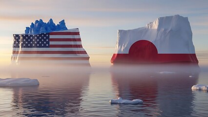 Large icebergs float in the calm ocean waters during a foggy sunrise with the American and Japanese flags made of ice on top of two prominent ice blocks
